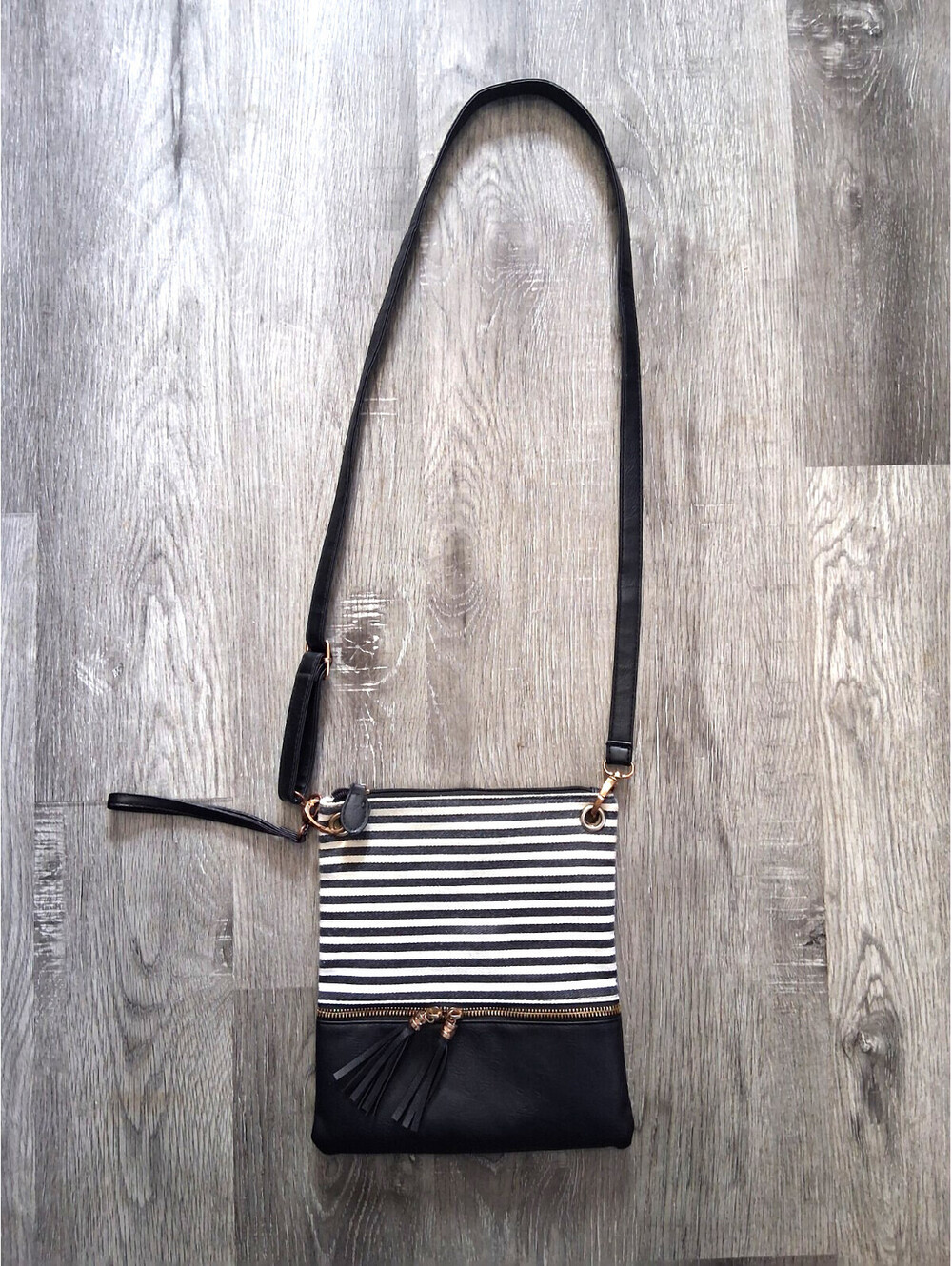 Striped Canvas Crossbody Bag Black White Fabric Faux Leather Shoulder Purse